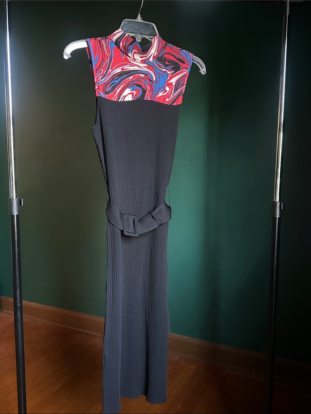 Sleeveless Black Midi Dress with Red Marble Yoke and Belt